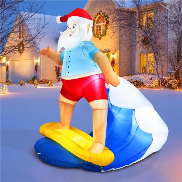 6FT Christmas Inflatables Surfing Santa Claus Inflatable with LED Lights Blow Up - Picture 3 of 6